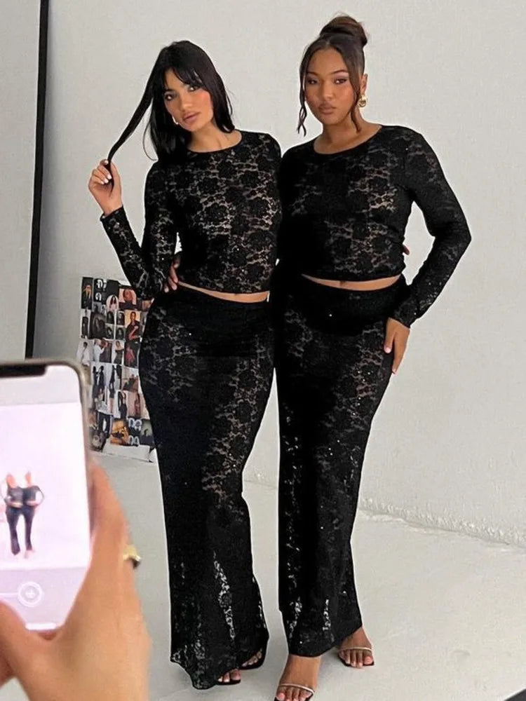 O Neck Lace See Through Long Sleeve Solid Two Piece Set Maxi