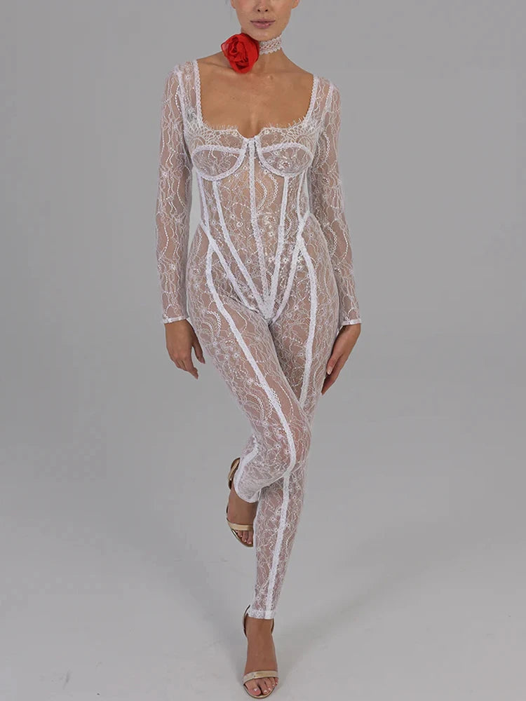 Fantoye Sexy See Through Lace Floral Women Jumpsuit White Long Sleeve Hollow Out Jumpsuit Autumn Bodycon Elegant Party Clubwear