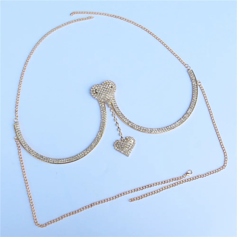 Simple Handmade Rhinestone Heart Chest Support Bra Chain Body Jewelry