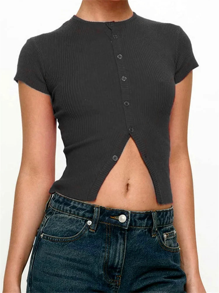 Women's Summer Tops Short Sleeve Round Neck Button Up Slim Fit T-shirt Solid Color Casual Shirts