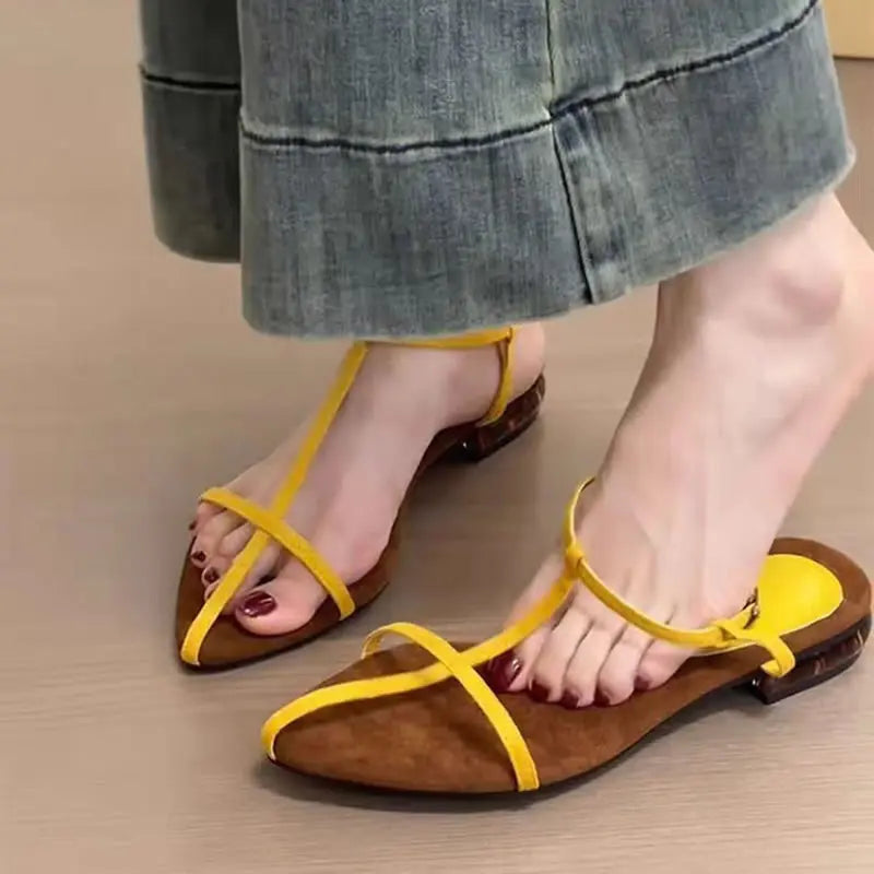 Fashion Sandals Thin Low Heels Pointed Open Toe Ankle Strap Dress Shoes,Solid Color Summer Thin Low Heels Sandals