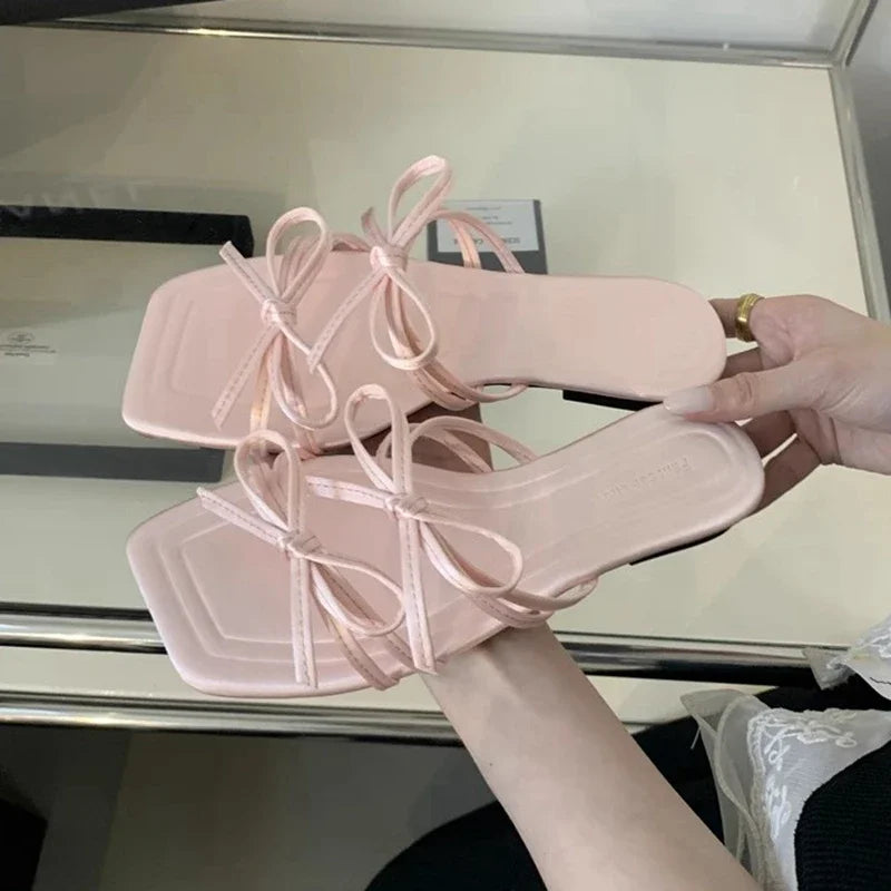 Fashion Bow-knot Shoes Square Toe Slip On Slides Shoes Flat Heel Sandals