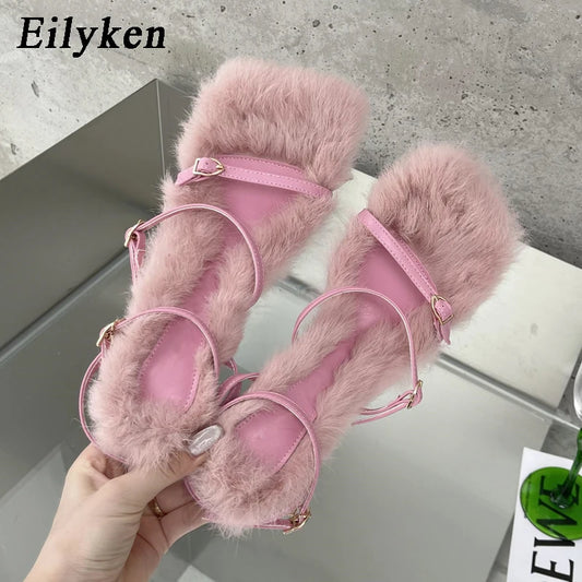 New Plush Fur Fuzzy Sandals Women Thin Heels Fashion Square Toe Ankle Lace Up Buckle Strap Slides Shoes