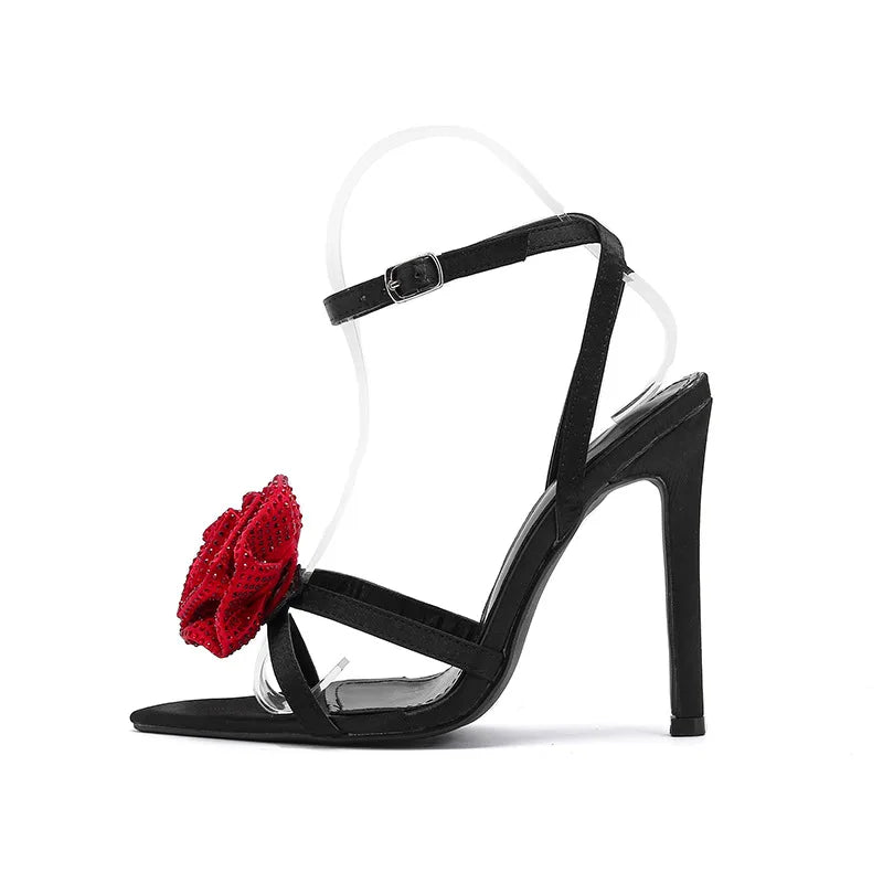 Rhinestone 3D Flower Rose Blossoms/Bowknot High Heel Sandals French Pointed Open Toe 11cm Thin Heel