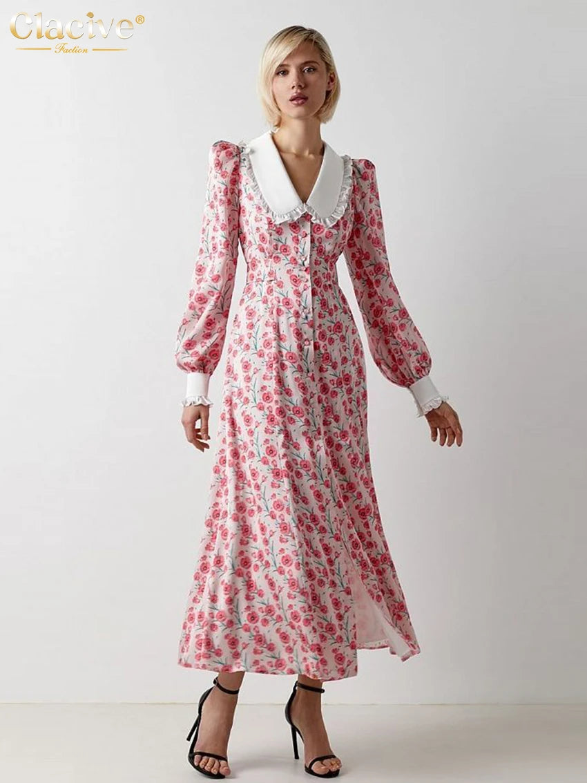 Elegant Doll Collar Long Sleeve Midi Dress Casual Single Breasting