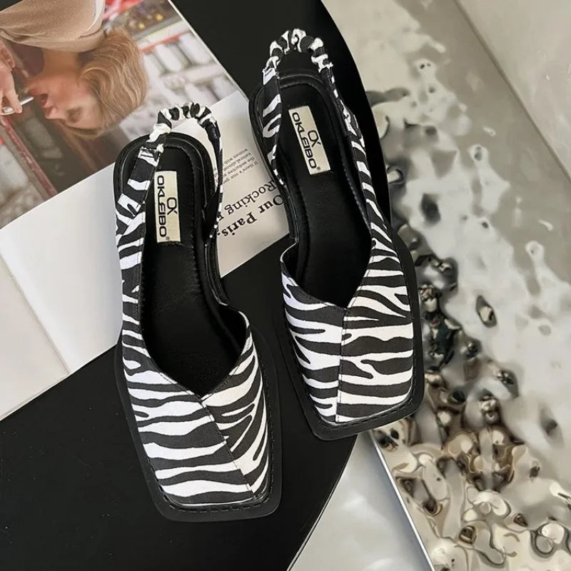 Elastic Band Flat Heel Women Shallow Party Shoes Square Heel Square Toe Sandal