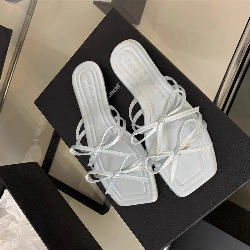 Fashion Bow-knot Shoes Square Toe Slip On Slides Shoes Flat Heel Sandals