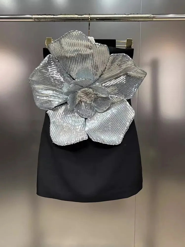 Strapless Sleeveless High Waist Spliced Zipper Flower Dress