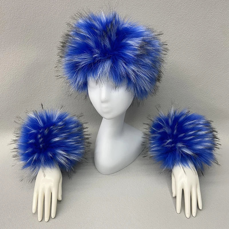Ring Scarves Cuffs Faux Fur Raccoon Detachable Fur Sleeve Winter Luxury Warm Fox Fur Scarf Wrist Cuffs Gloves Set