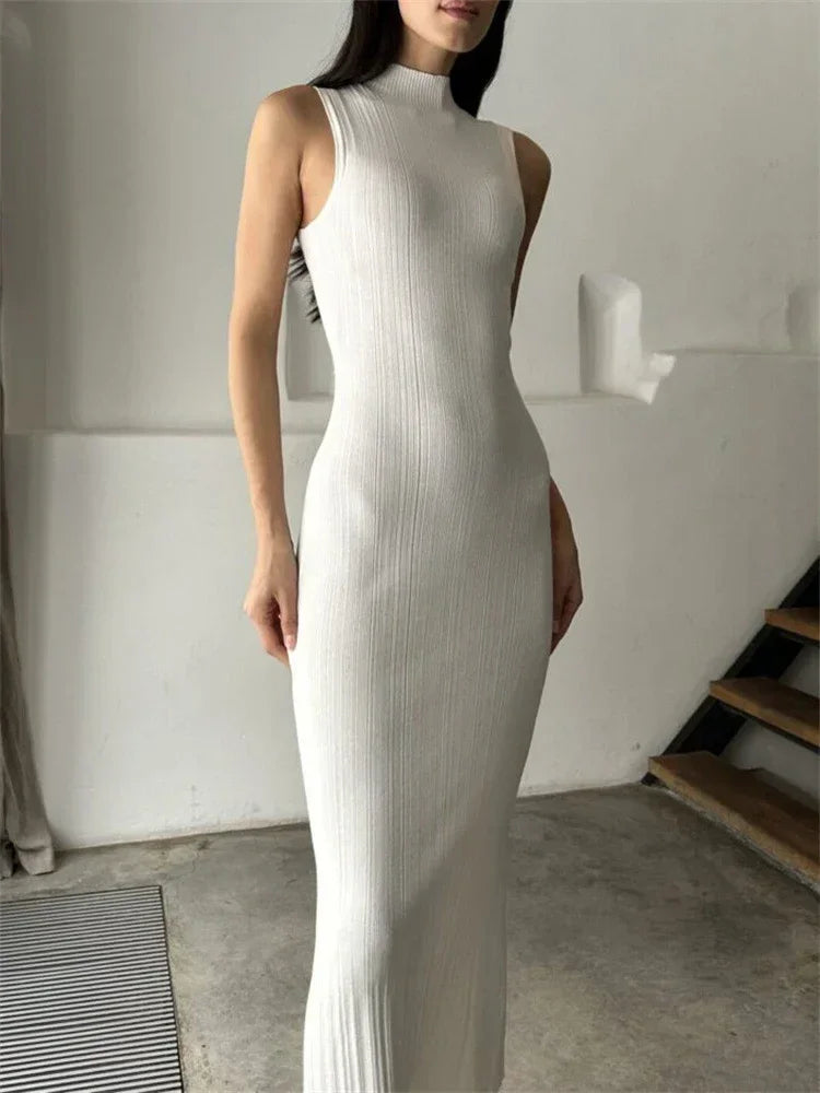 Knitted Turtleneck Sleeveless Bodycon Dress For Women Elegant Rib Knit Long Dress High Waist Party Dresses Vestido