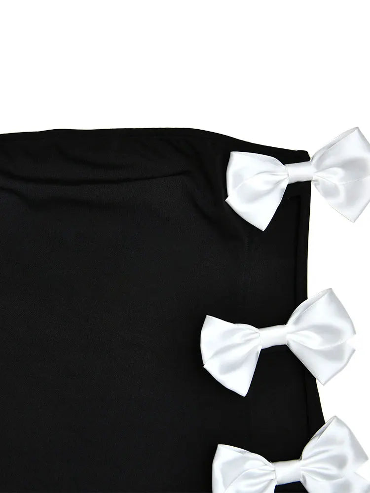Black Bow Decor Slim Fit A-line Maxi Dress Off Shoulder Backless Side Split Long Vestidos Women Evening Prom Party Clothing
