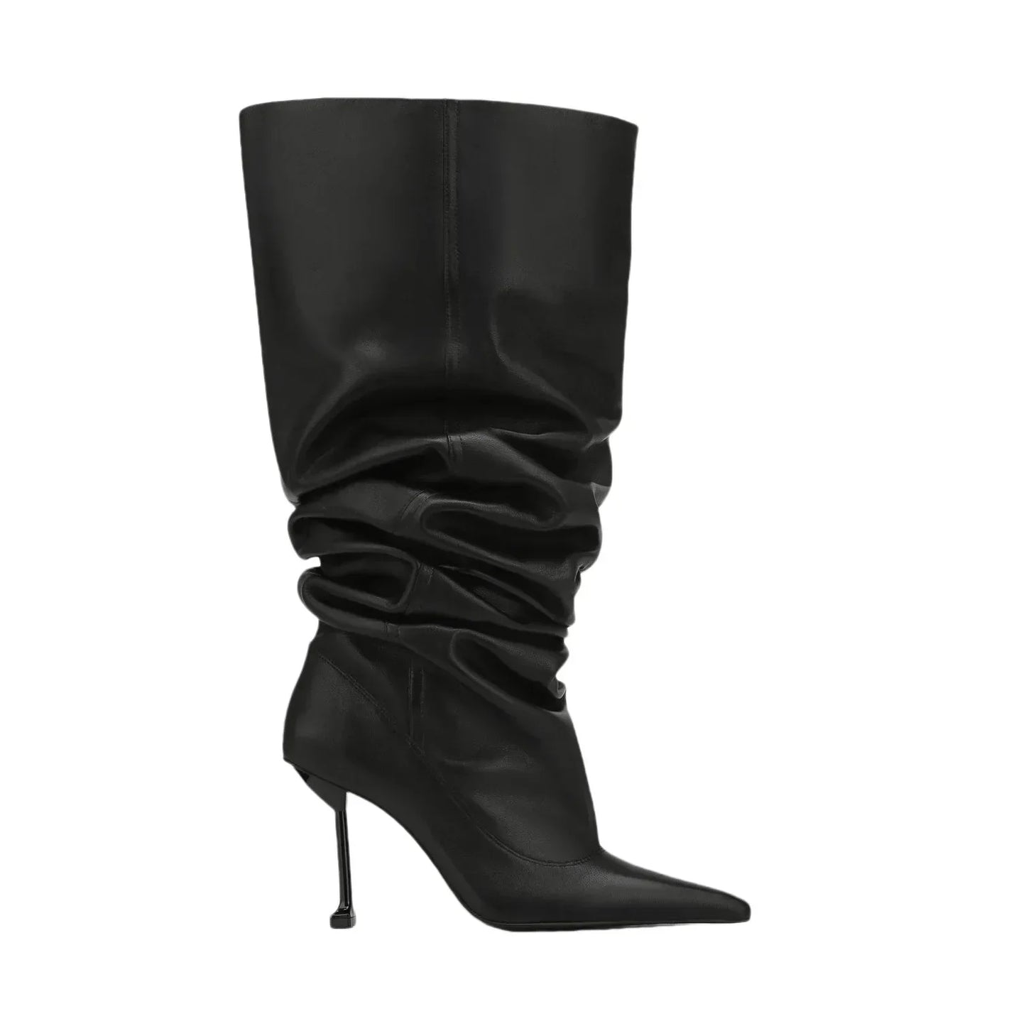 New Wrinkled Patent Leather Pointed High-heeled Stacked Boots with Large Tube Circumference, European and American Long Boots