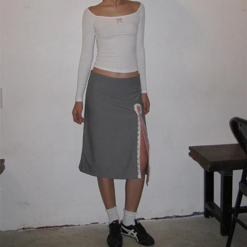Side Slits Lace Maxi Skirt For Women Kawaii Bow Bandage High Waist Skirts