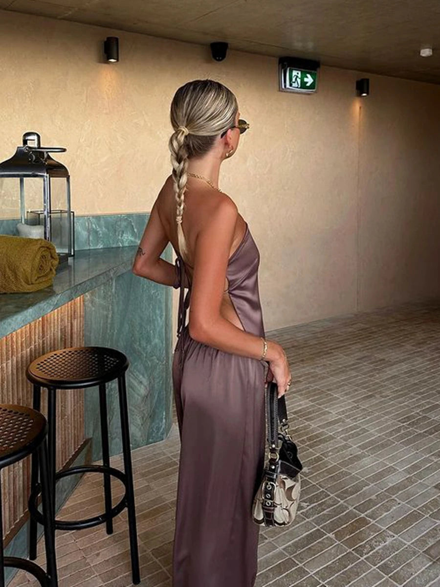 2Piece Outfits Bandage Lace-up Backless Bandeau Tops+ Wide Leg Pants Set
