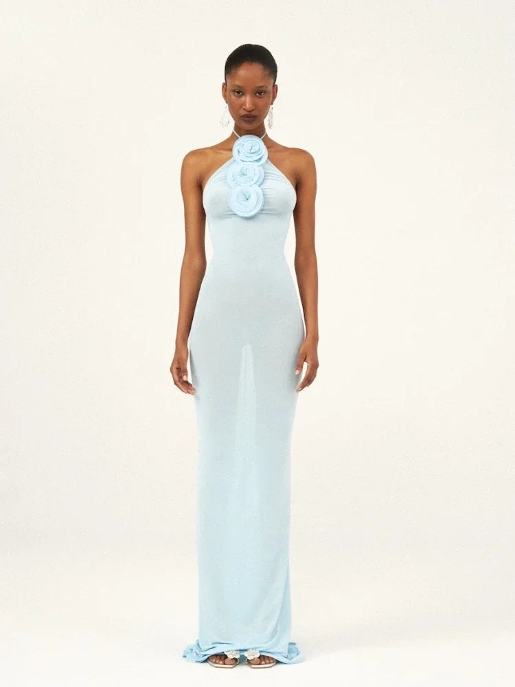 3D Flower Bodycon Long Dress Women Light Blue Sleeveless Lace-up Floor Length Dress