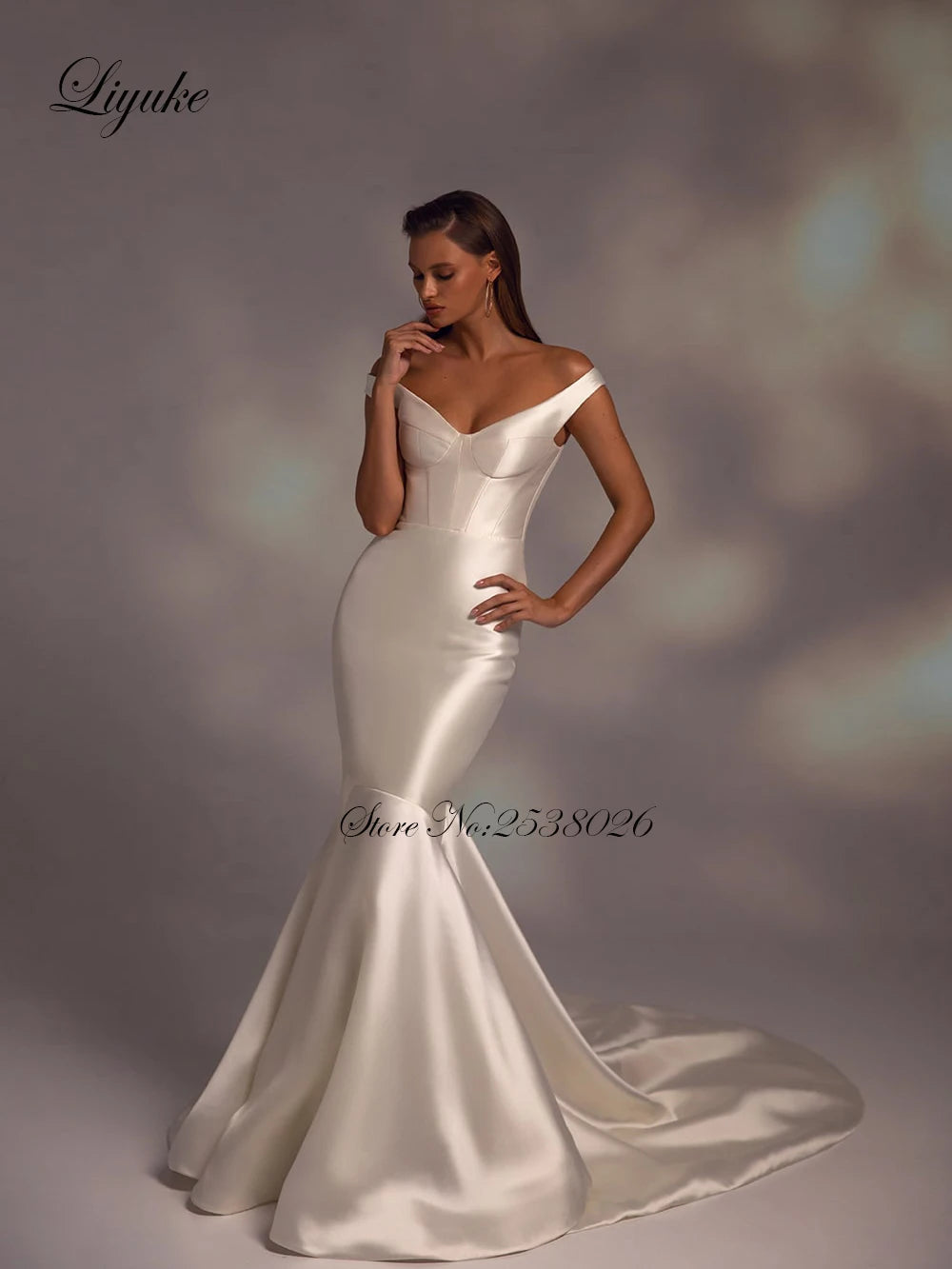 Liyuke Satin Off The Shoulder Mermaid Wedding Gowns Elegant Trumpet Bridal Dress
