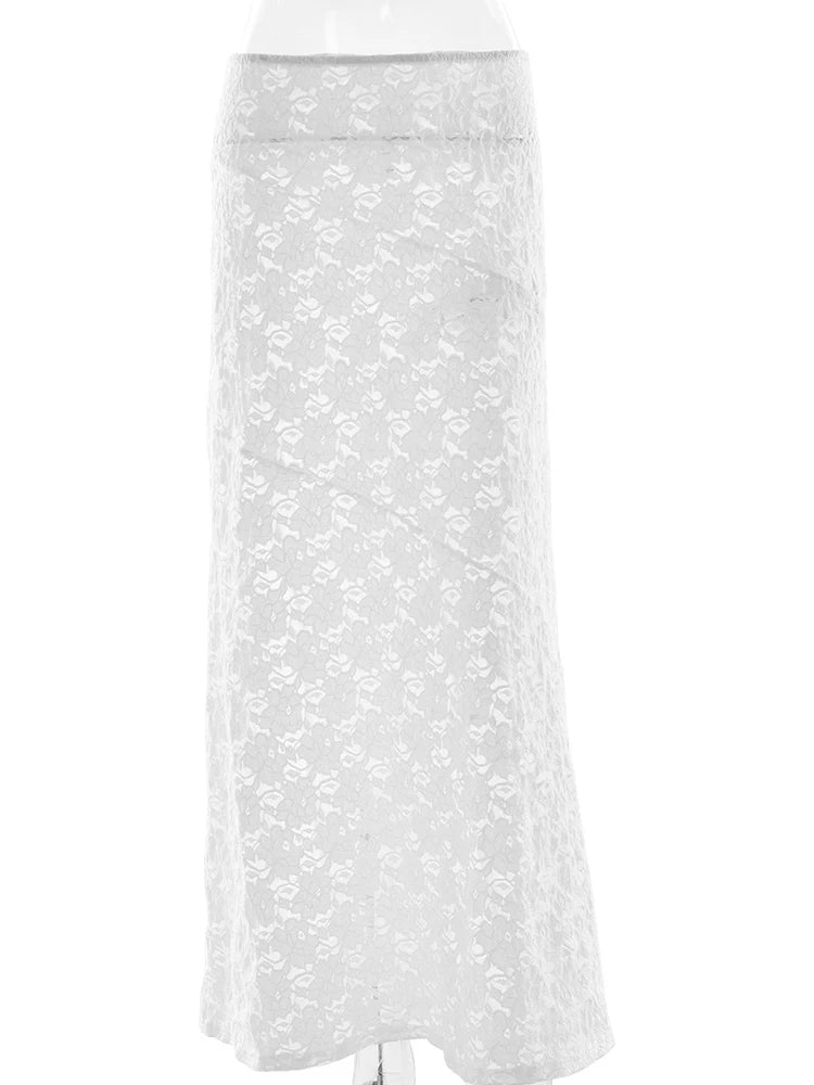 Sheer Printed Floral Lace Women Skirt White High Waist A-line Long Skirt