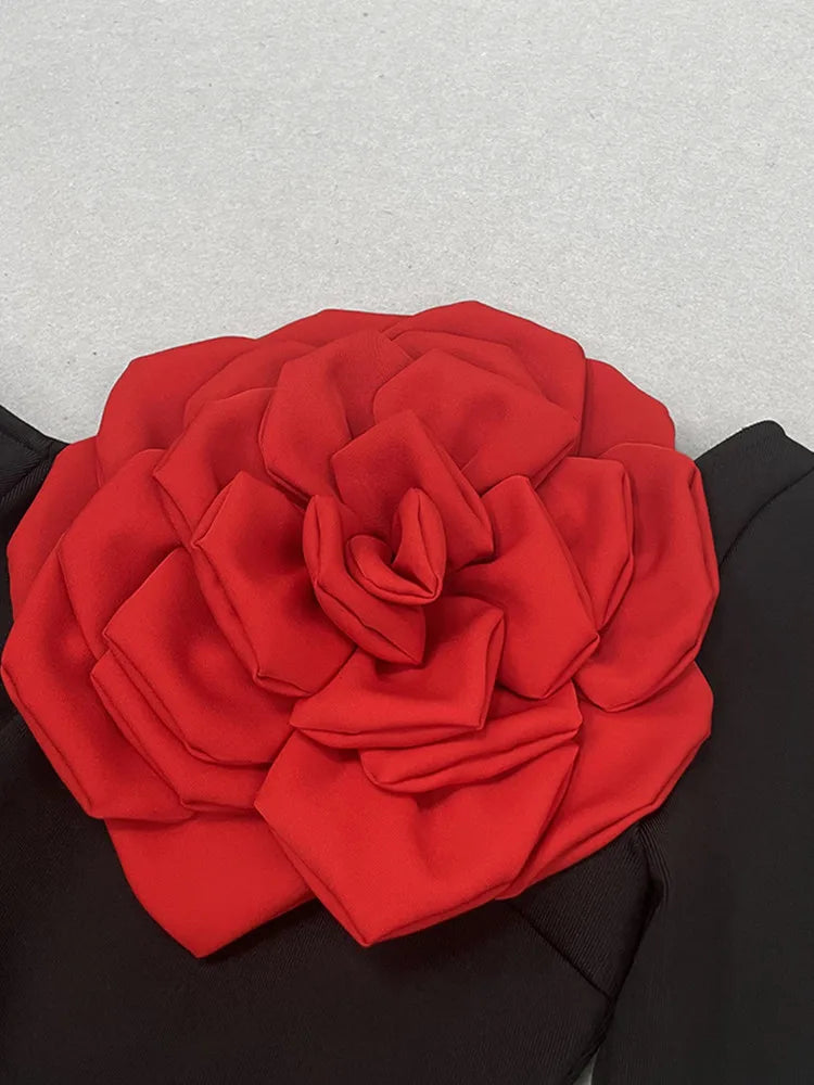 3D Flower Long Sleeve Black Long Bodycon Bandage Dress Elegant Celebrity Evening Club Party Dress