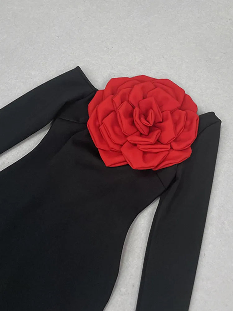 3D Flower Long Sleeve Black Long Bodycon Bandage Dress Elegant Celebrity Evening Club Party Dress