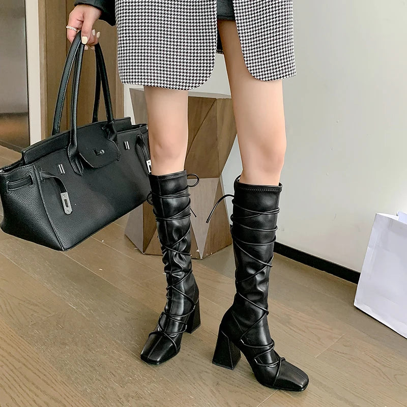 Knee High Long Boots Leather Square Toe Zip High Boots