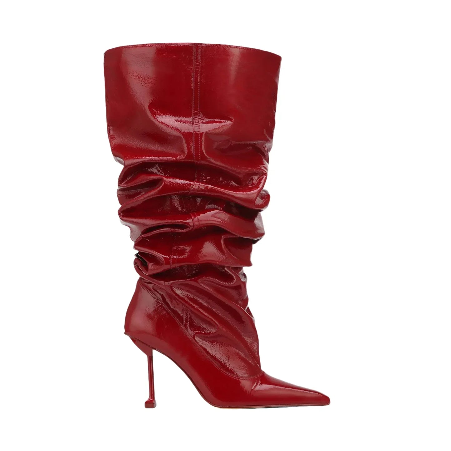 New Wrinkled Patent Leather Pointed High-heeled Stacked Boots with Large Tube Circumference, European and American Long Boots
