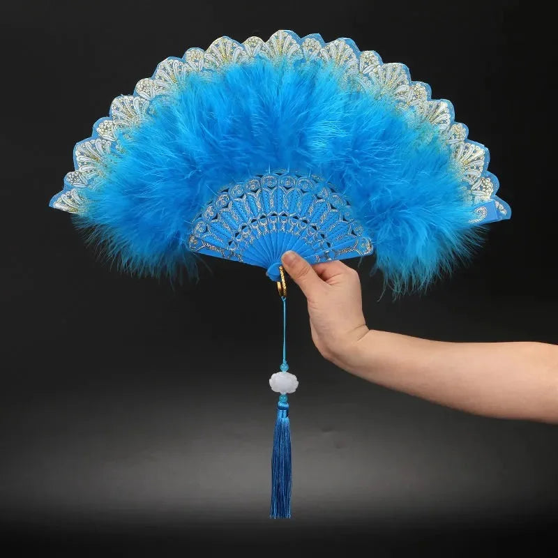 Feather Folding Fan Japanese Sweet Fairy Girl Dark Gothic Court Dance Hand Fan with Pendant Gift Wedding Party Decoration