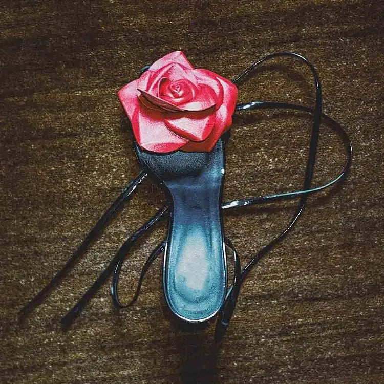 Black & Red Stiletto Heels Elegant Square Toe Wedding 3D Flower Sandals Lace Up Slingback Women Fashion Dress Party Casual Shoes
