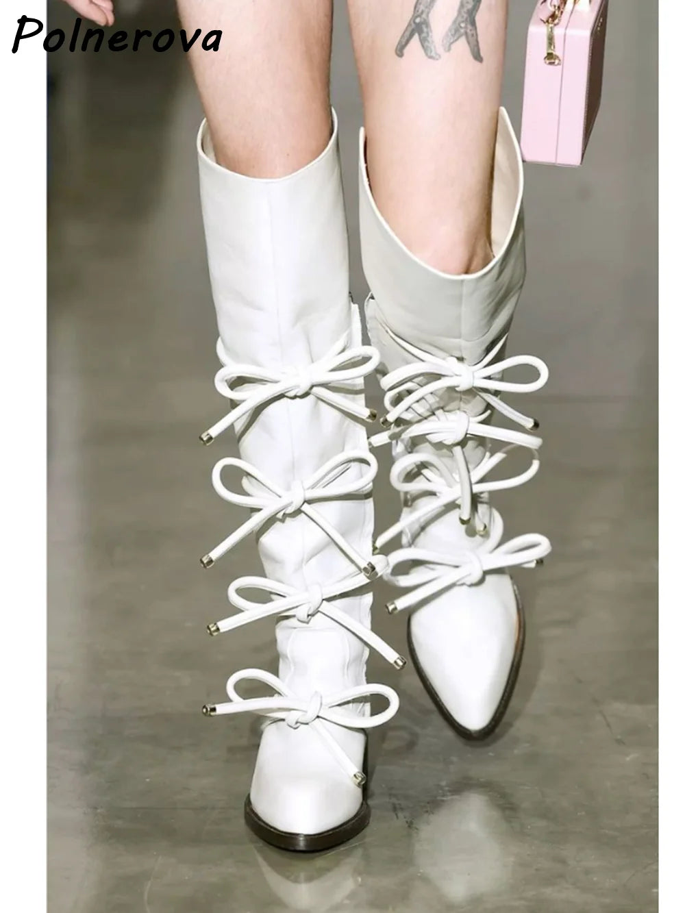 Bows Leather Knee High Boots Solid Pink Pointy Toe Runway Winter Long Boots 2025 Women's Fashion Sexy Luxury Shoes 2025