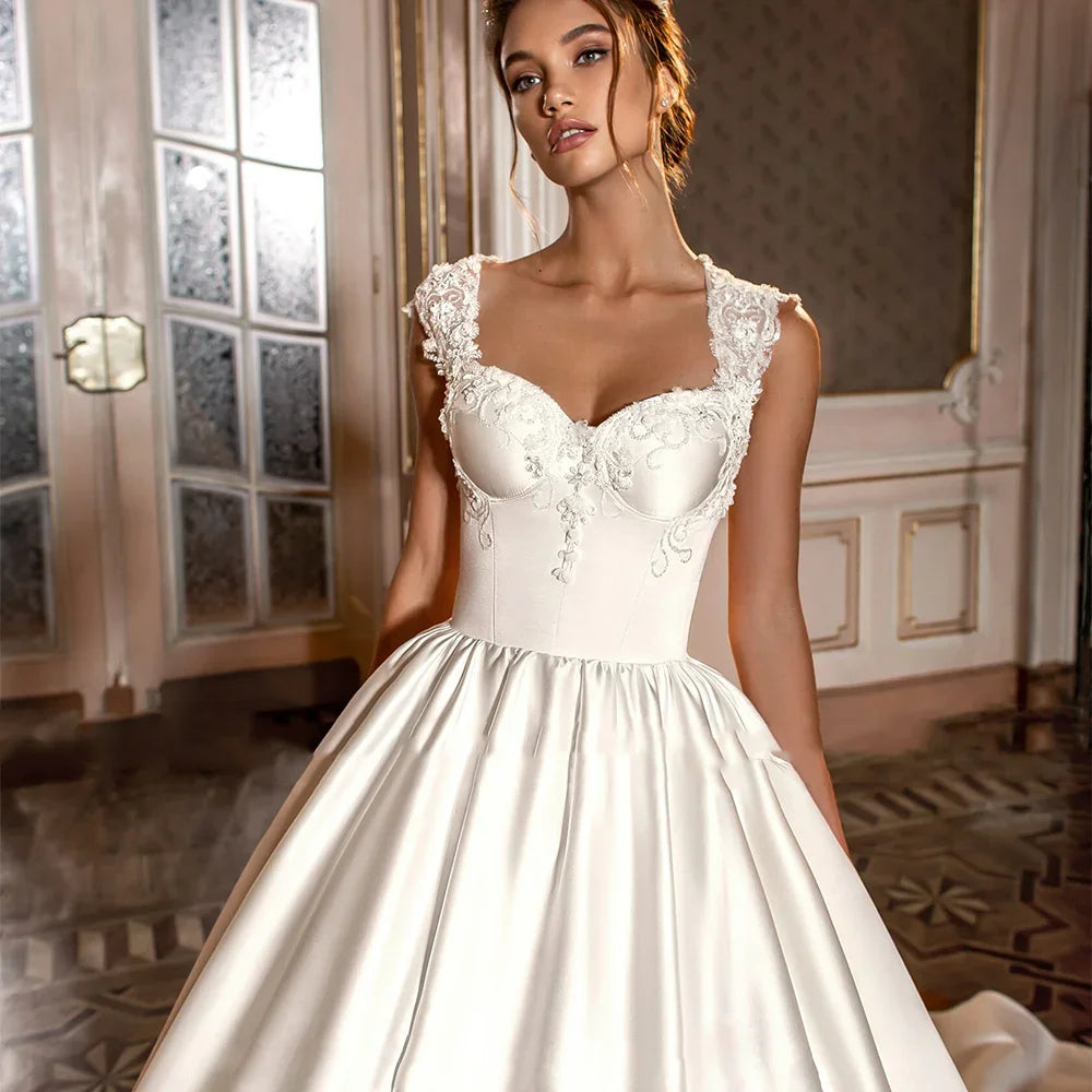 Elegant Satin Wedding Dress Cap Sleeve Sweetheart Open Back Corset Bridal Gowns Custom made