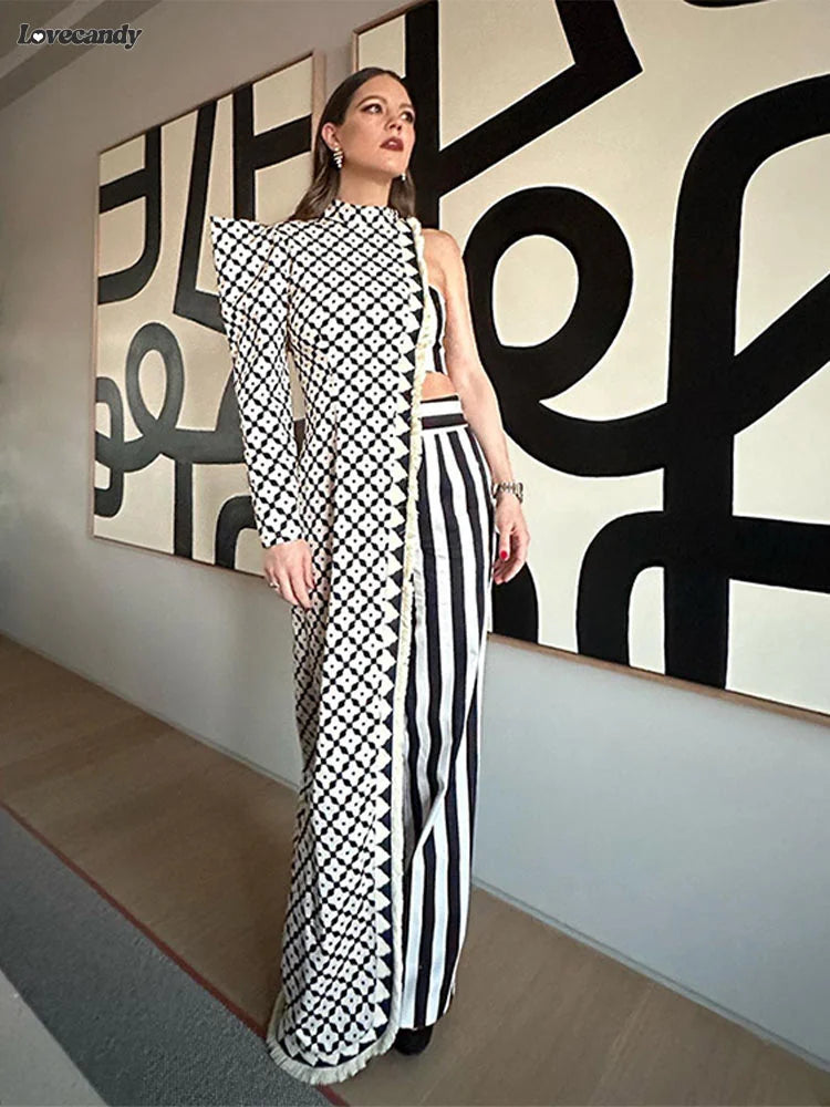 Asymmetrical Printed Pants Suit Elegant Single Shoulder Full Sleeved Long Top Set l