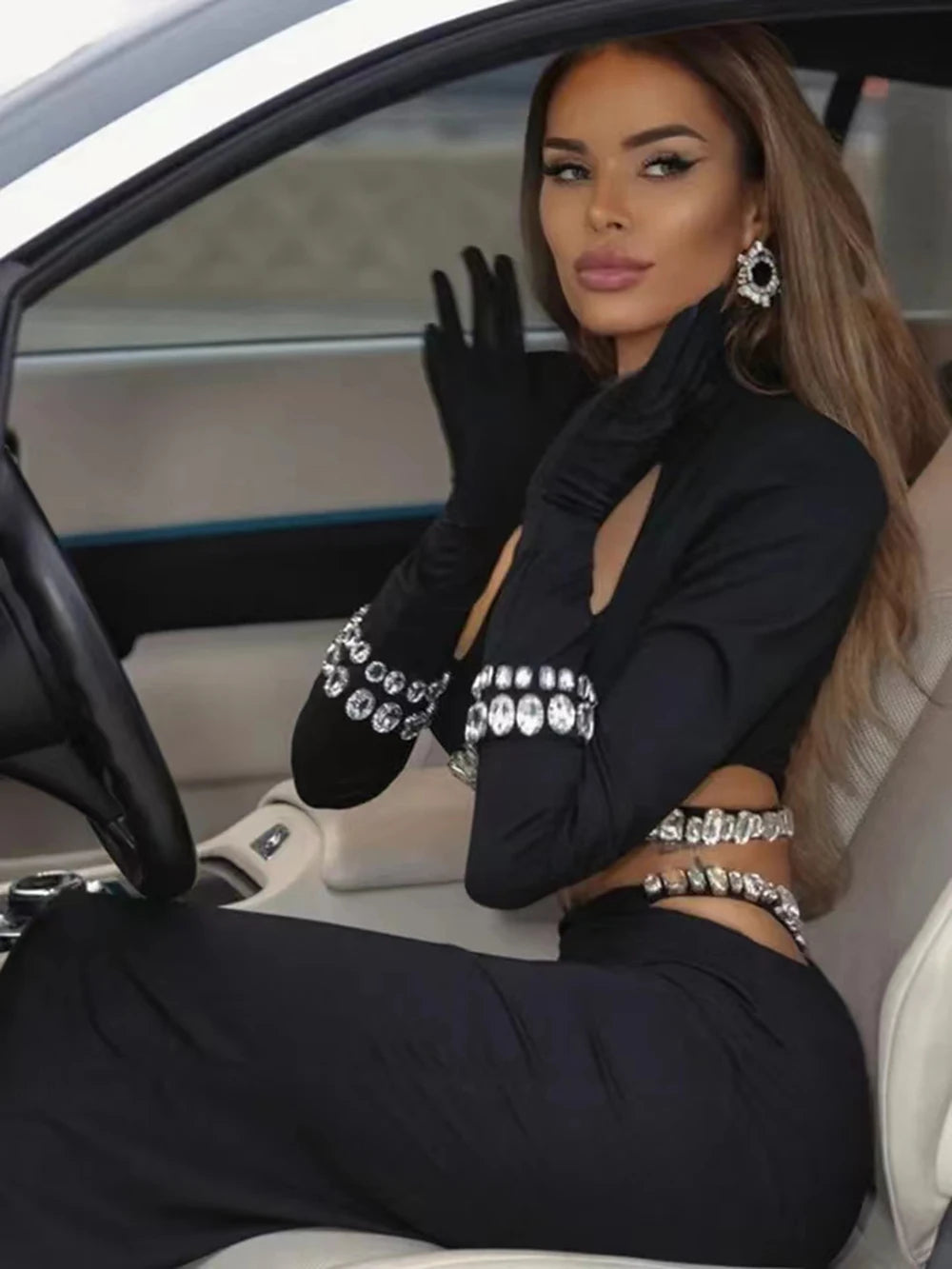 Black Crystal Sparkly Bandage Set Two piece Top & Long Skirt