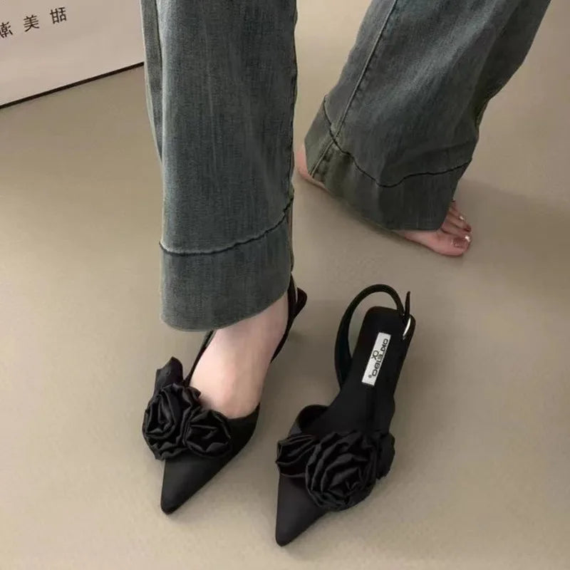 New 3D Flower Women Sandal Fashion Flower Ladies Elegant Dress Slingback Shoes Thin Low Heel Dress Mules Pumps
