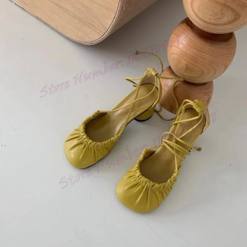 Chunky Heels Round Toe Matte Leather Cut Heels Shoes