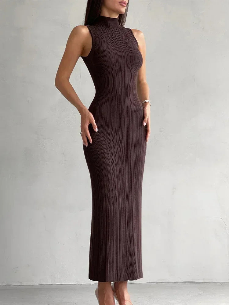 Knitted Turtleneck Sleeveless Bodycon Dress For Women Elegant Rib Knit Long Dress High Waist Party Dresses Vestido
