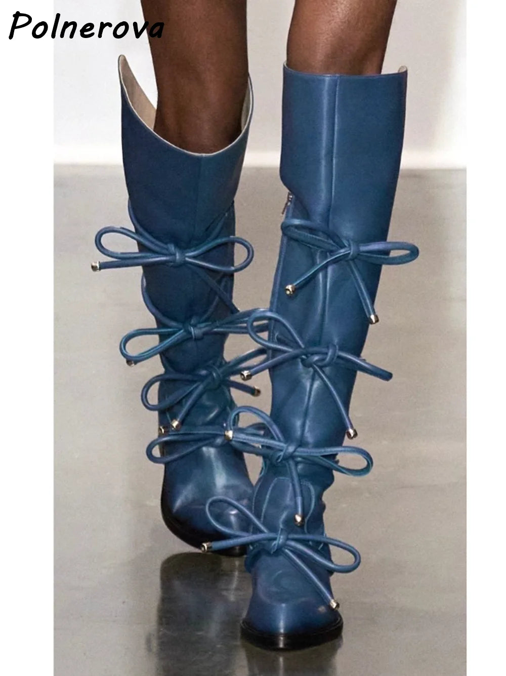 Bows Leather Knee High Boots Solid Pink Pointy Toe Runway Winter Long Boots 2025 Women's Fashion Sexy Luxury Shoes 2025