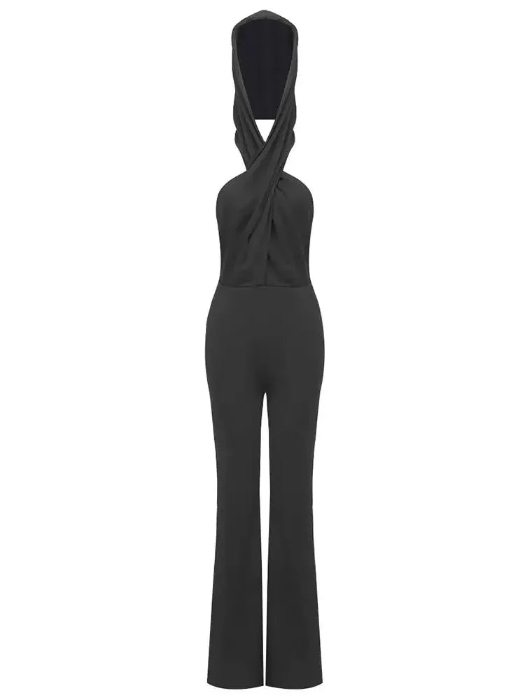Design Sleeveless Full Length Black Hoodie Fashion Jumpsuit