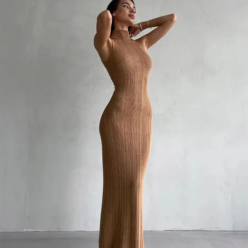 Knitted Turtleneck Sleeveless Bodycon Dress For Women Elegant Rib Knit Long Dress High Waist Party Dresses Vestido