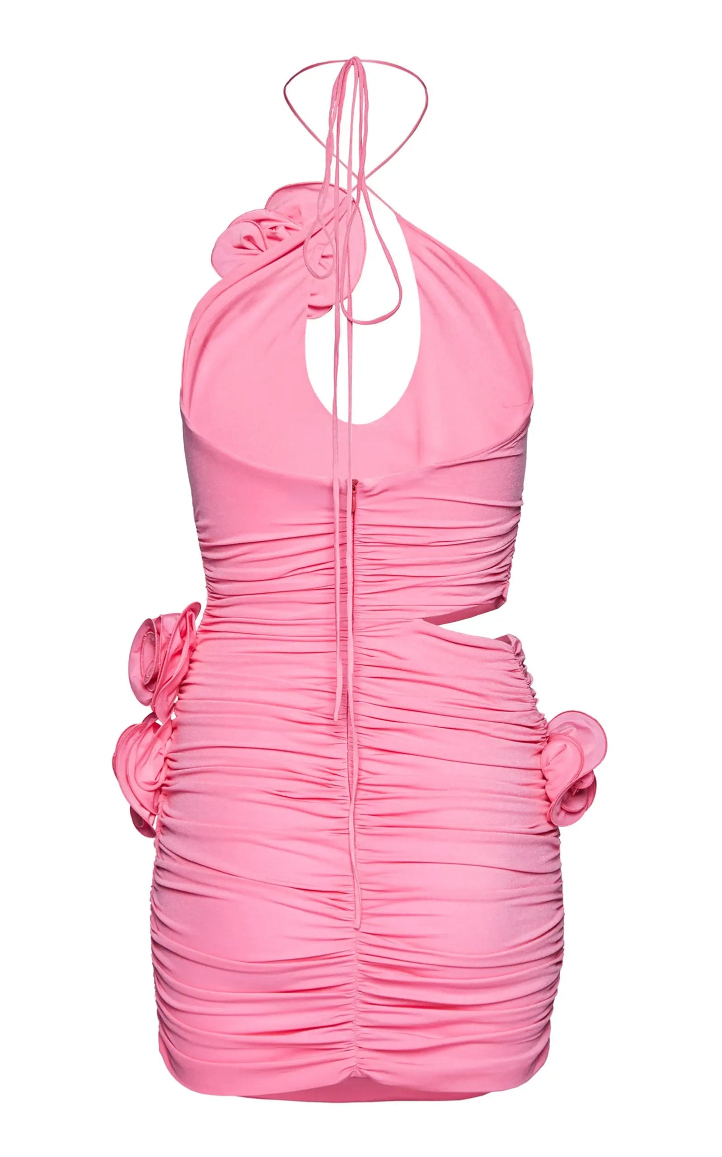 Ruched Stretch Jersey Dress 3D Rose Pink Satin Dress Flowers Open Back