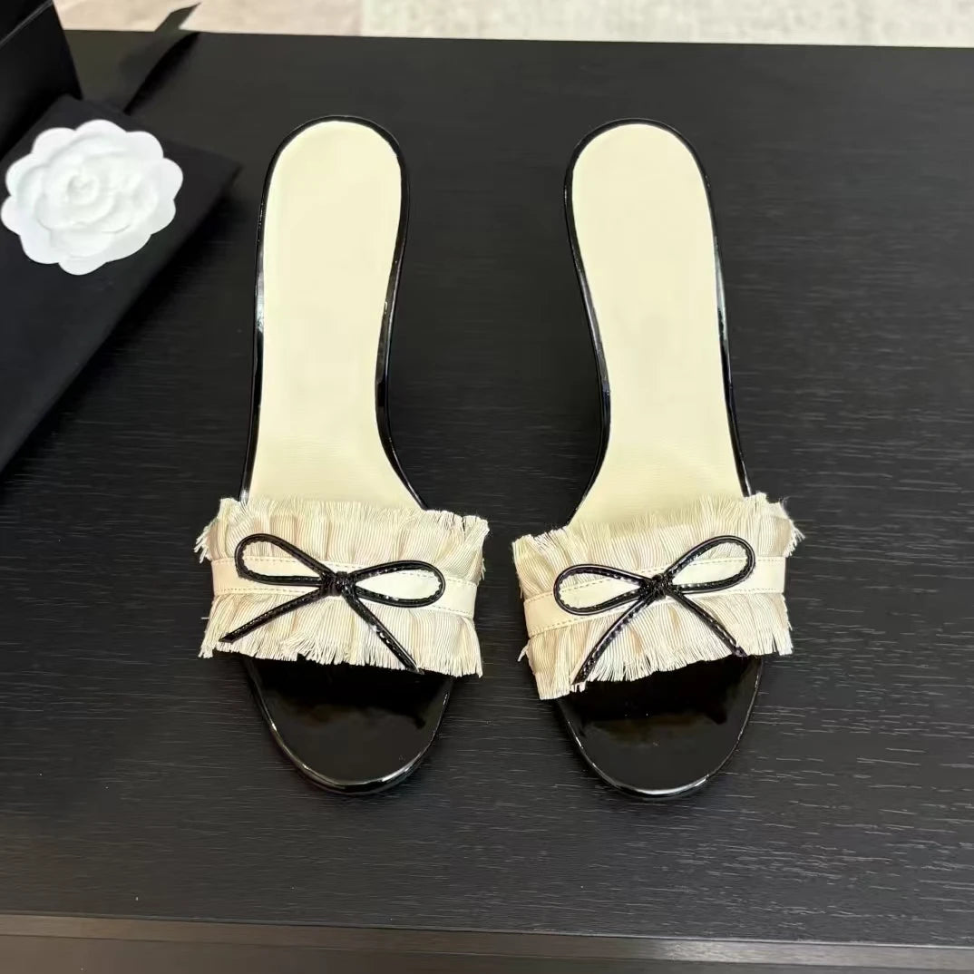 2025 New Arrival Summer Pleaed Open-Toe High Heel Woman Slippers Butterfly-Knot Decora Stiletto