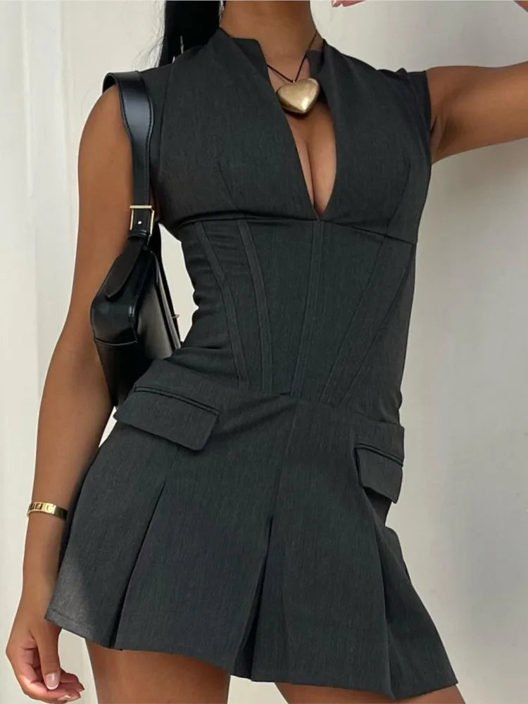 Deep V Neck Pleated Dress Y2K New High Street Vestidos
