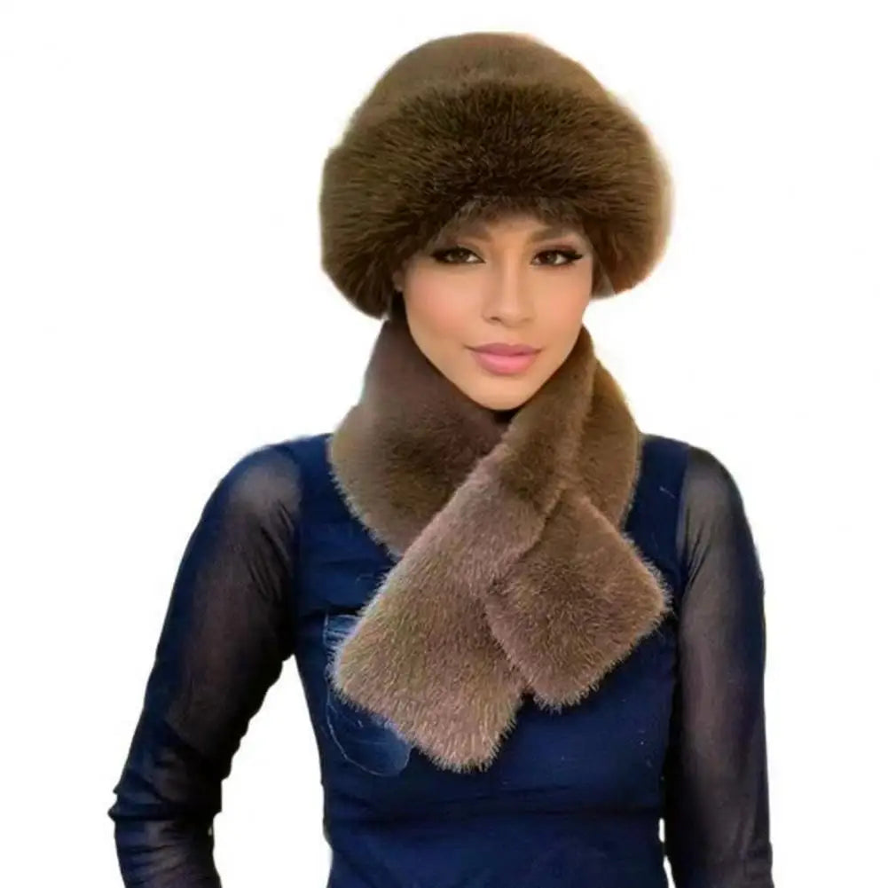 2Pcs Women Winter Russian Hat Neck Warmer Thick Stretchy Keep Warm Dome Cap Outdoor Skiing Skating Headwear