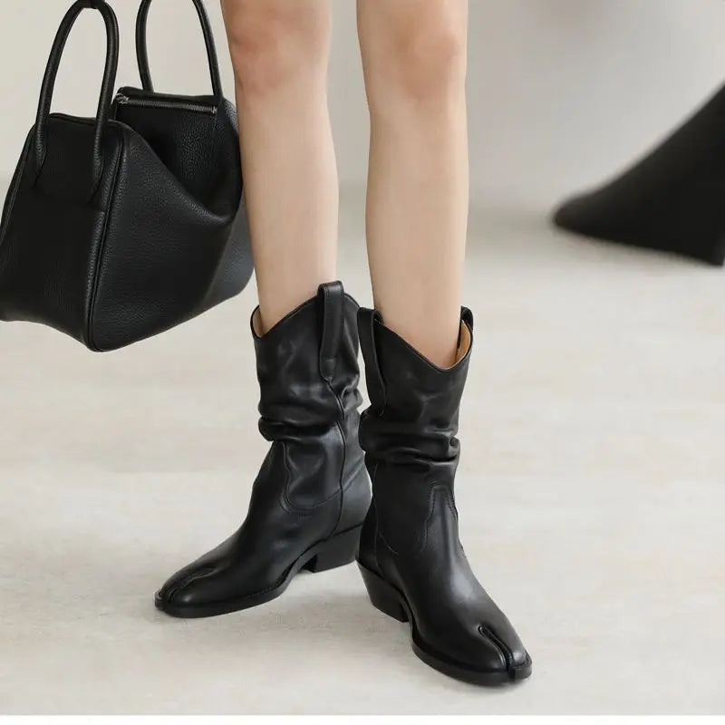 Boots Split Toe Shoes Black Ankle Cowboy Boots Chunky Heel Slip-on Leather Boots