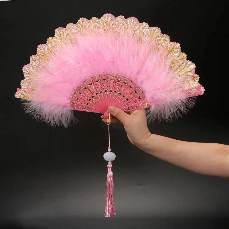 Feather Folding Fan Japanese Sweet Fairy Girl Dark Gothic Court Dance Hand Fan with Pendant Gift Wedding Party Decoration