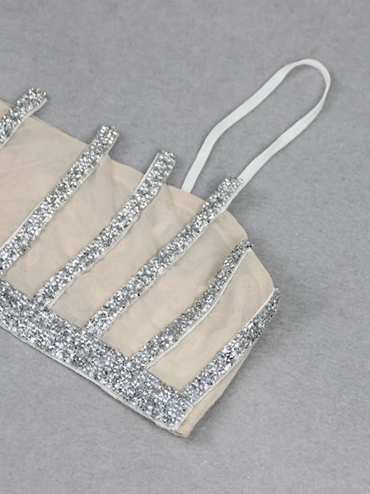 Backless Halter Diamonds Flower White Midi Bandage Skirt Set Knitted Elegant Evening Club Party Dress