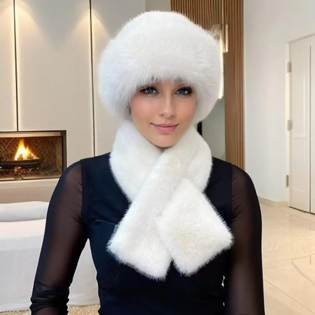 2Pcs Women Winter Russian Hat Neck Warmer Thick Stretchy Keep Warm Dome Cap Outdoor Skiing Skating Headwear