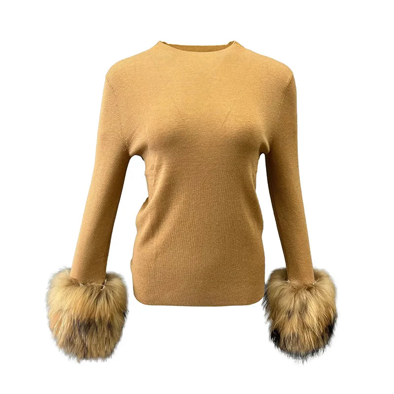 Lady Winter Sweater High Elastic With Raccoon Fur Cuff Women Clothing Detachable Cuff Pullover