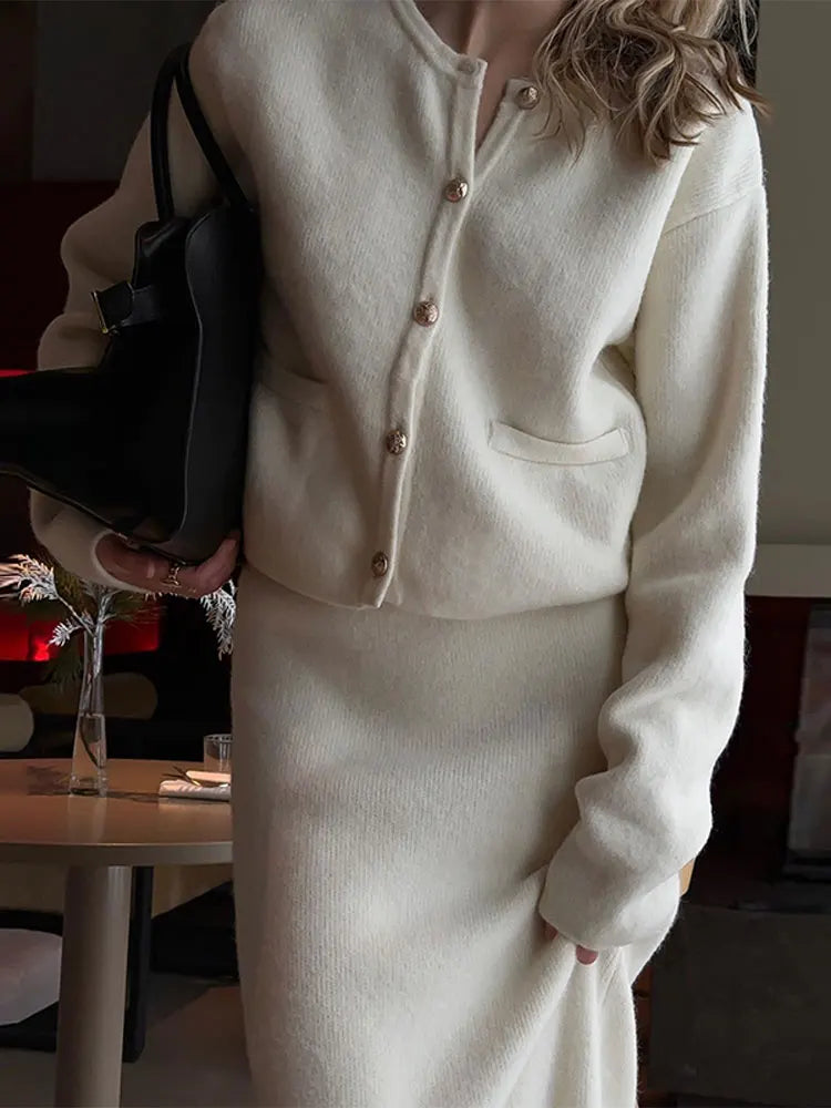 Elegant Knit Long Sleeve Cardigan Dress Set