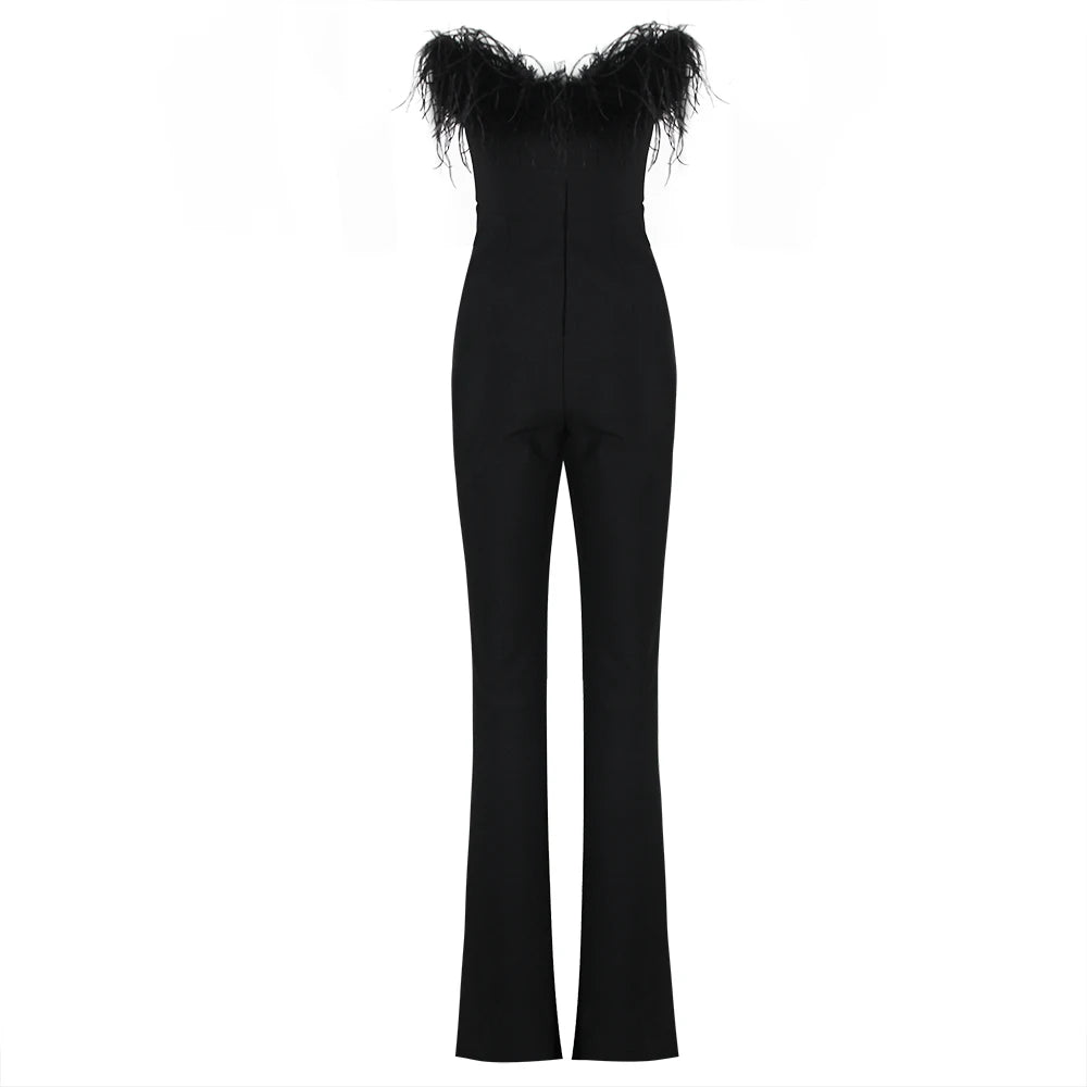 New Arrival Strapless Bandage Feathers Jumpsuits