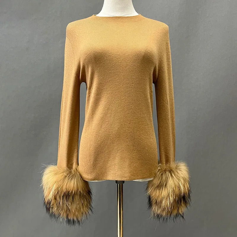 Lady Winter Sweater High Elastic With Raccoon Fur Cuff Women Clothing Detachable Cuff Pullover