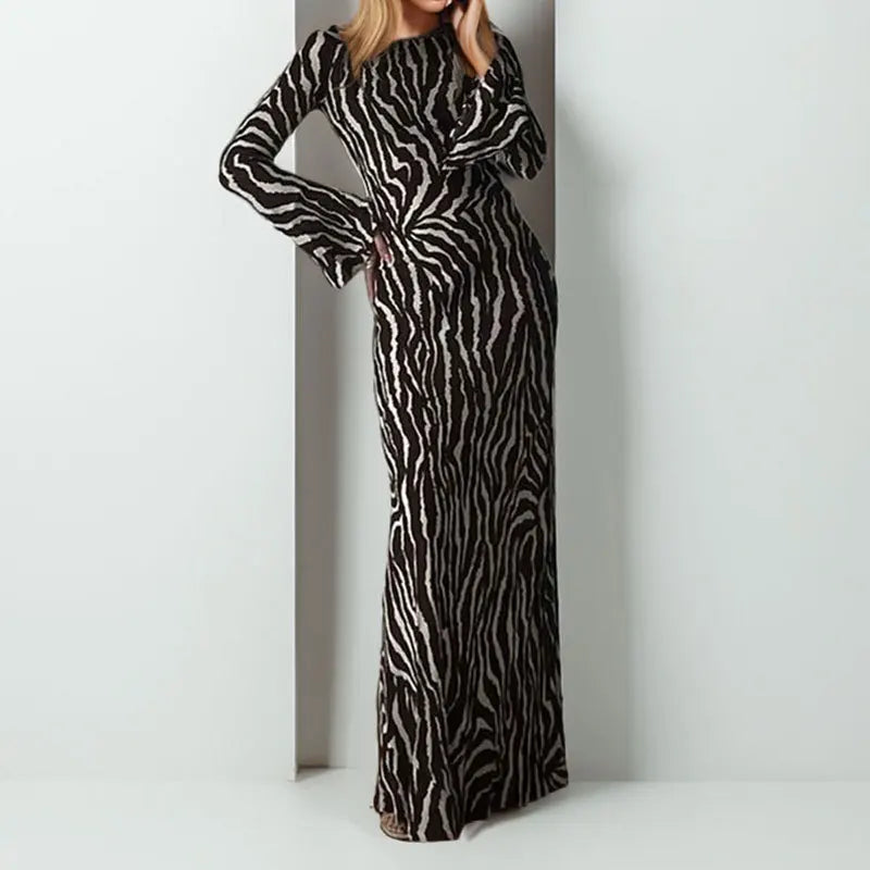 Elegant Women Brown Zebra Stripes Maxi Dress Chic Slim Boho Ankle-length Dress Female Spring Summer Long Sleeve Party Dress